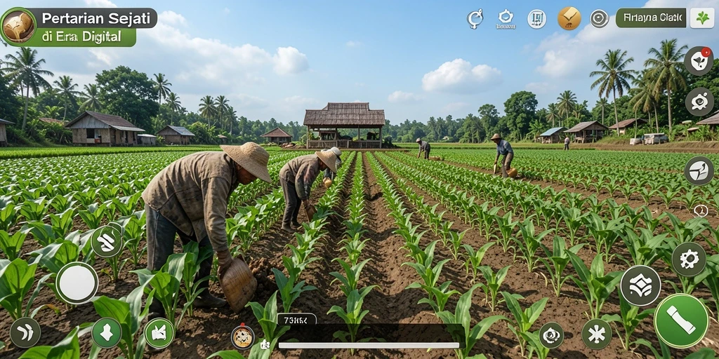 Tampilan gameplay <strong>73K</strong> dengan ladang hijau dan interaksi hewan ternak.