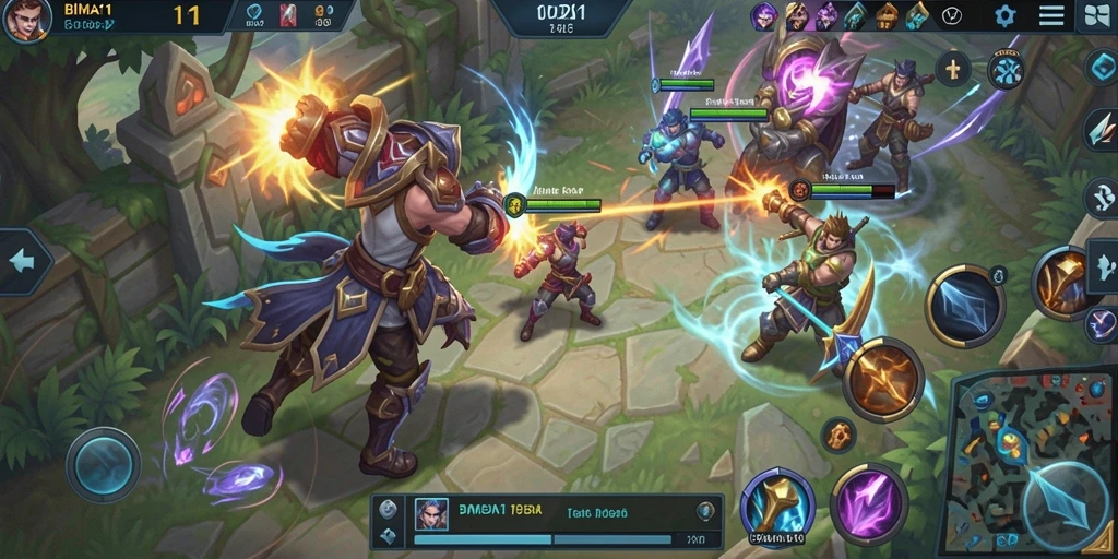 Tampilan gameplay seru BIMA11 dalam pertarungan MOBA.