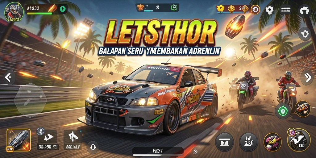 Tampilan gameplay seru LETSTHOR saat balapan di lintasan menantang.