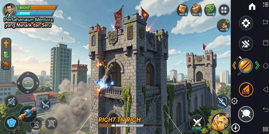 Tampilan gameplay menakjubkan dari RICH7 dengan suasana Tower Defense.