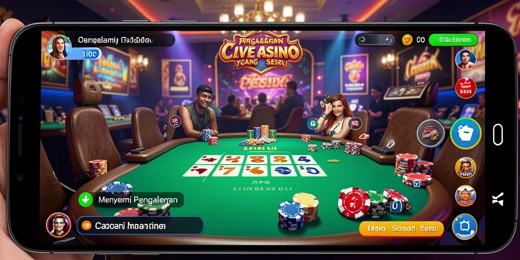 Screenshot gameplay T6 menampilkan dealer langsung yang ramah dan meja permainan yang menarik.