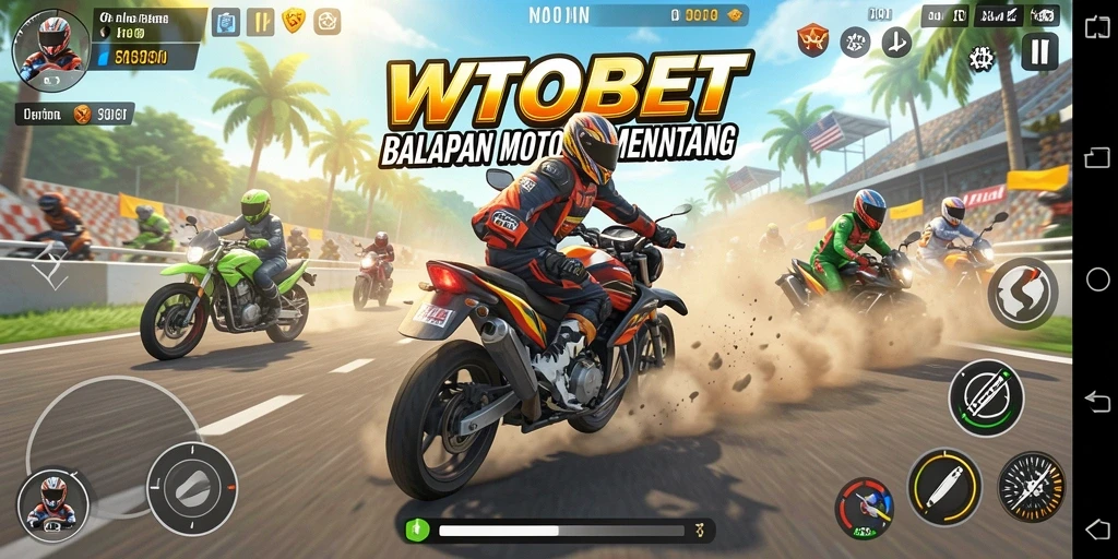 Tangkapan layar gameplay WTOBET menampilkan aksi balapan motor yang mendebarkan.